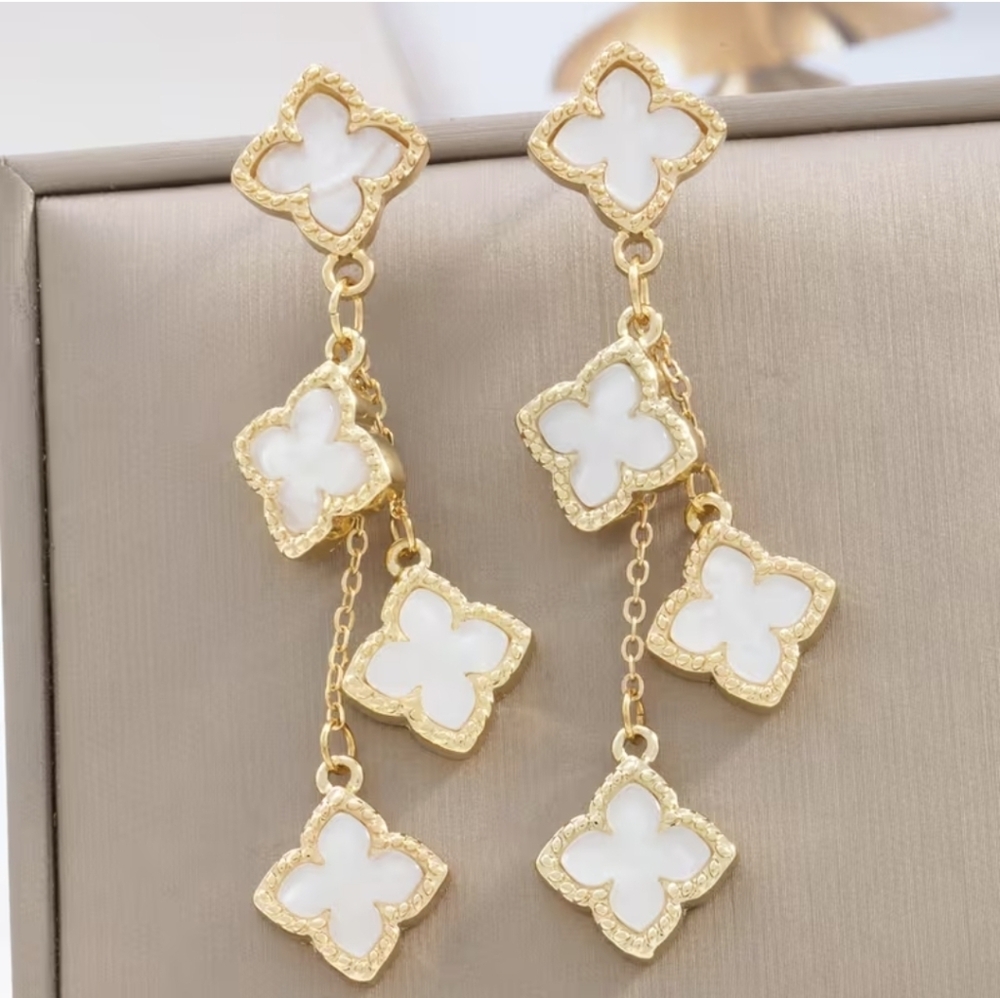 White Flower Four Leaf Clover Gold Dangle Earrings